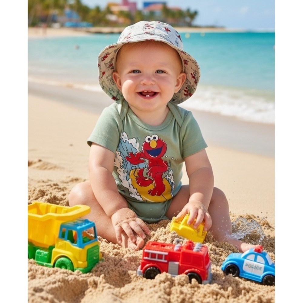 ELMO Sesame Street Baby Boys Beach 2-Piece Set Outfit 6 9 months HAT Vacation 6m